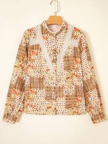 Acelitt Women's Casual Mixed Floral Lace Patchwork Shirt Collar Long Sleeve Button-Down Blouse, Suitable For Spring/Autumn Vacation - Multicolor - View 2