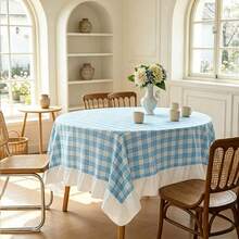 1pc Blue Plaid Print Tablecloth With White Ruffle Edge Decoration, Suitable For Dining Room, Balcony And Other Decorative Tablecloths. - Blue - View 6