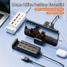 8-In-1 USB Hub Charging And Data Transfer Station With Phone Holder, 4 USB Ports, 4 Type-C Ports, Supports PD Charging And Data Sync, Suitable For Laptops - Black - View 1