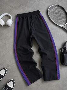 Men's Nylon Ice Silk Quick Dry Pants, Side Contrast Stripe, Elastic Waist Cuffed Hem, Casual Sports Long Pants - Black - View 2