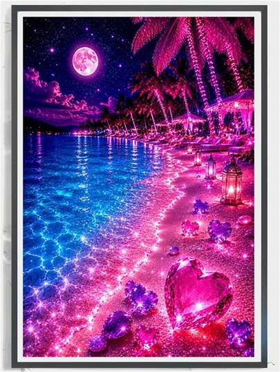 1pc Diamond Painting Kit, Dreamy Colorful Seaside Night Scene Diamond Painting, Romantic Heart Star Moon Beach Handmade Rhinestone Decor Painting, Round Full Drill, Living Room Bedroom Atmosphere Wall Art