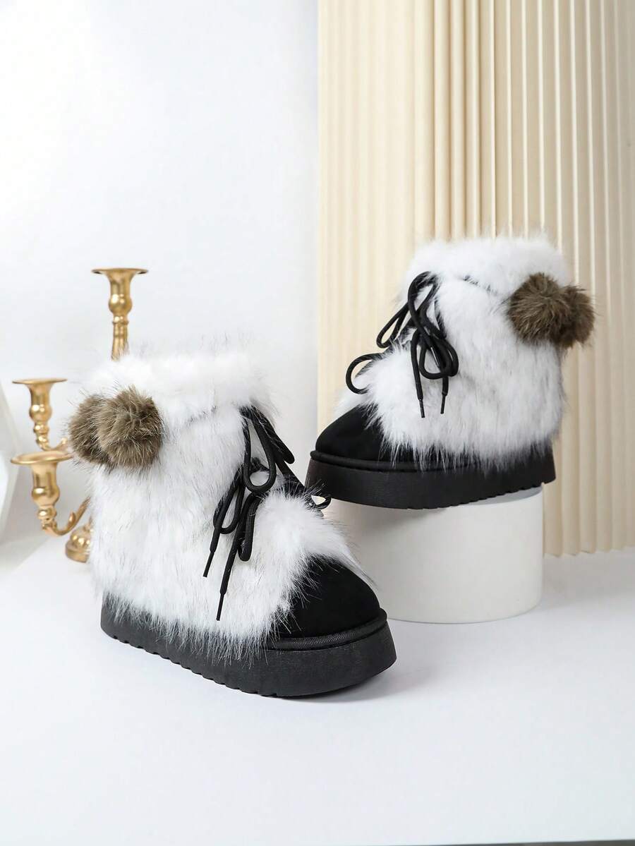 Black And White Contrast Faux Fur Lace-Up Ankle Boots For Women, Winter Fashion - Black - View 1