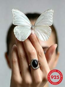 1pc S925 Sterling Silver Fashion Hollow Evening Luxury Commute Versatile Elegant Exquisite Inlaid Artificial Black Agate Niche Minimalist Design Women's Ring With Gift Box, Ideal Gift For Women And Girls On Any Occasion. Perfect Gift For Women, Perfect Christmas Gift, Gift For Mom, Gift For Wife, Gift For Daughter, Perfect Birthday Gift, Anniversary Gift, Graduation Gift, Mother's Day Gift, Valentine's Day Gift - Silver - View 5