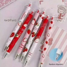6支/組 INS風超吸睛草莓可伸縮凝膠筆，可愛甜心草莓限量版圓珠筆，0.5mm黑色子彈頭順滑書寫筆，開學季便攜易寫學生考試辦公用筆，少女風超吸睛學生文具禮物，適合女孩與青少年 - A - 查看 8
