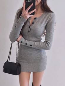 Women's Grey Knit Sweater Dress, Long Sleeve Fitted Short Pencil Skirt With Button Detail, Suitable For Autumn/Winter Season - Grey - View 4