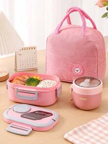 2pcs, Pink Lunch Box, Large Capacity Bento Box Set, Portable Lunch Box With Built-In Utensils, Perfect For Girls' Food Storage, Suitable For School, Work, And Outdoor Picnic Food Carrying - Pink - View 2