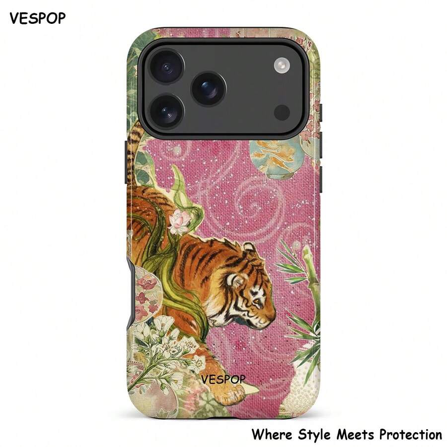 VESPOP Y2K 雙層防摔手機殼,亮面設計,鮮豔色彩,適用於 iPhone 17/16/15/14/13 Pro Max、Galaxy S26/S25/S24 Ultra、Pixel 10/9/8 Pro,復古中國虎紋 - 混色7 - 查看 1