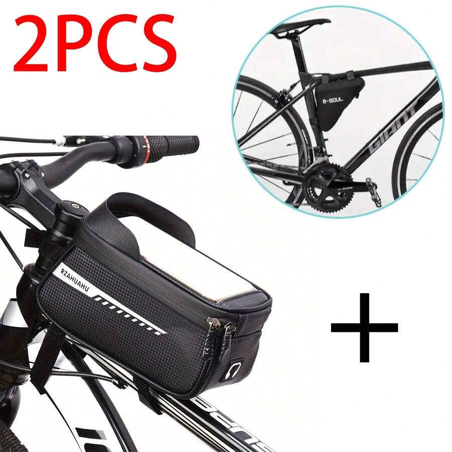 2pcs/Front Bag & Triangle Bag Set/Touchscreen Design/Large Capacity, Suitable For Men And Women, Bicycle Bag, Bicycle Triangle Bag - Multicolor - View 1
