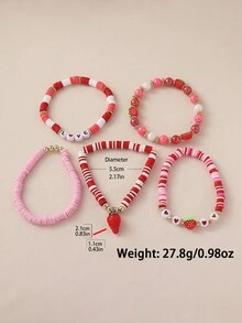 5pcs Bohemian Cute Sweet Pastoral Versatile Fashion Handmade Beaded Soft Clay, CCB, Letter, Strawberry Pendant, Layered, Elastic, Multi-Layer, Beaded Bracelet Set Suitable For Women Music Festival, Party, Bar, Large Gathering Perfect Gift, Gift For Friends And Family, All Seasons, Travel, Photography, Casual, Vacation Daily Wear - Multicolor - View 2