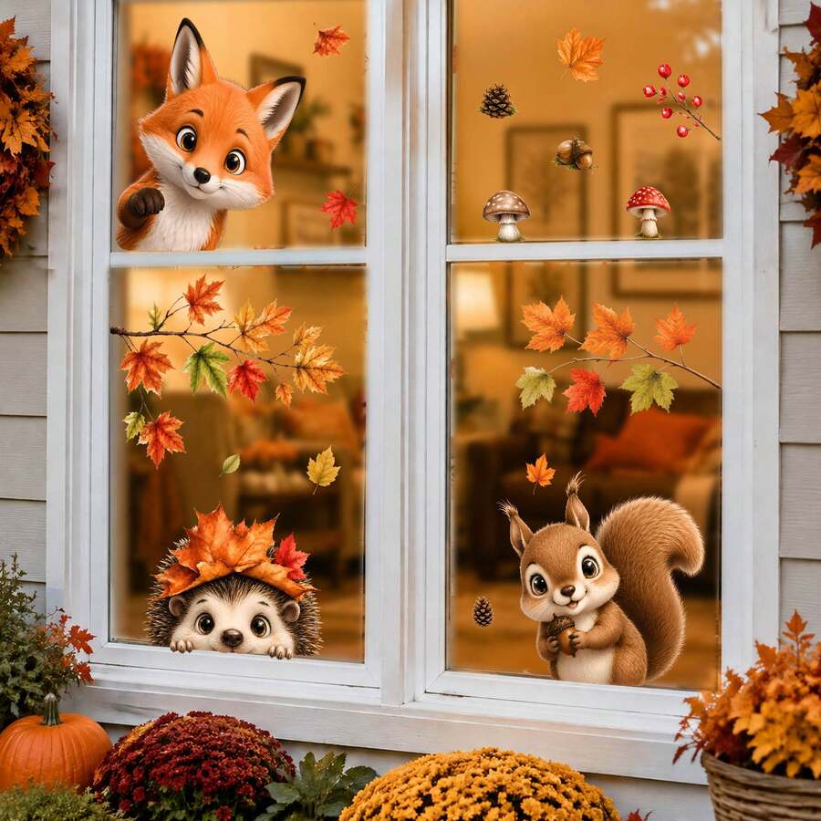 Autumn Window Decals Cute Forest Animals Fox Squirrel Hedgehog Leaves Glass Stickers Autumn Home Decor Thanksgiving Window Stickers - Autumn Window Decals - View 1