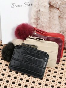Minimally Designed Stone Patterned Card Bag, Zippered With A Pom Pom Charm, Credit Card Storage Bag, Women's Card Bag - Black - View 5