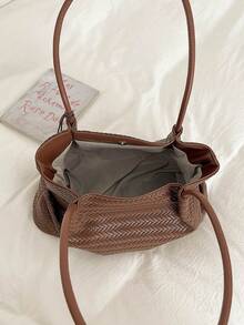 New Elegant Vintage Woven Texture Women's Large Tote Shoulder Bag, Soft Shopping Handbag, Fashionable Office Commute Daily Bag With Leather Charm - Brown - View 10