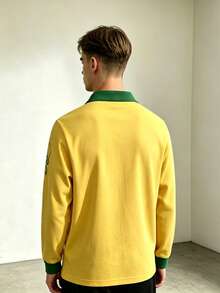 Yellow & Green Color Block V-Neck Polo Long Sleeve Tee, Vintage Script Print Men Streetwear Top - Multicolor - View 5