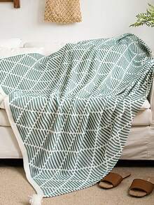 1pc Striped Knitted Bed Blanket, Modern Style Acrylic Rectangular Color Block Bed Throw, Office Nap Blanket Suitable For Daily Use - Green and White With Fine Lines and Ball - View 4