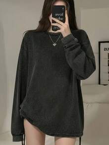 American Vintage Distressed Washed Loose Fit Long Sleeve T-Shirt Casual - Washed Black - View 3