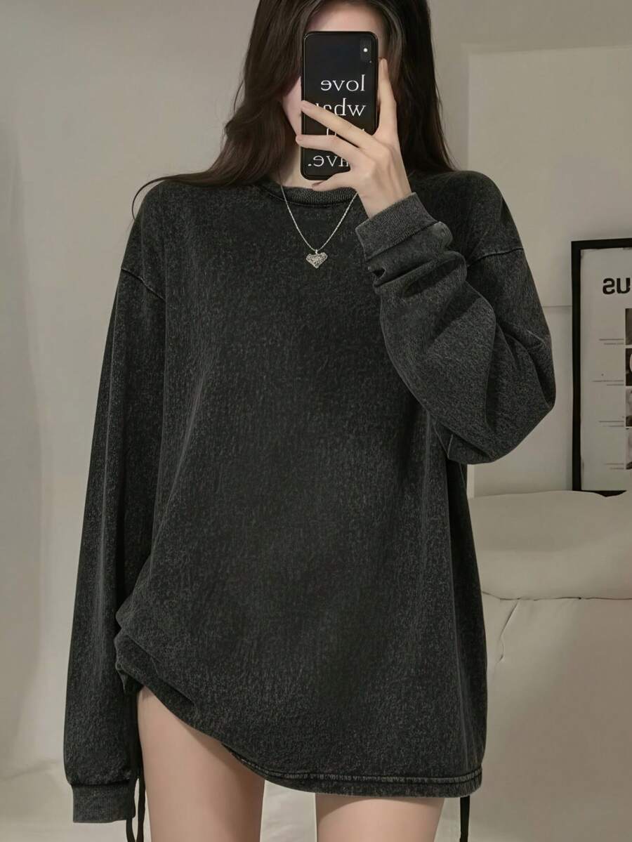 American Vintage Distressed Washed Loose Fit Long Sleeve T-Shirt Casual - Washed Black - View 1