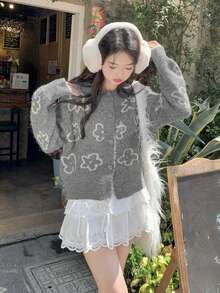 Women's Loose Short Jacquard Knit Cardigan Sweater Jacket, Round Neck, Versatile, Autumn/Winter - Grey - View 3