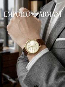 Armani Men's Classic Analog Quartz Watch, Gold-Plated Case, Champagne Dial, Grained Brown Leather Strap, Date Window, Birthday Gift For Husband - one-size - View 2