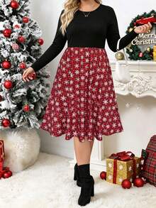 Plus Size Christmas Mid-Length Dress, Round Neck Long Sleeve Ribbed Patchwork A-Line Skirt, Buffalo Plaid Snowflake Print, Holiday Party Outfit For Curvy Figures - Multicolor - View 2