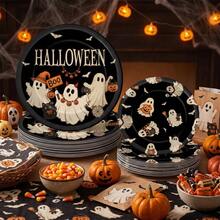 10/20/40pcs Vintage Boo Ghost Disposable Paper Plates, Black Background With Cute Ghost, Pumpkin And Bat Prints, 7 Inch And 9 Inch Dinner Plates, Spooky Autumn Halloween Tableware, Suitable For Halloween Party, Trick Or Treat, Autumn Gathering And Spooky Dessert Table Decoration - Ghost Edition - View 4
