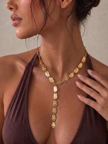 1pc Design Asymmetric Baroque Pendant Tassel Necklace Fashion Metal Style Y-Shaped Water Drop Necklace Ornament For Women - Gold - View 2