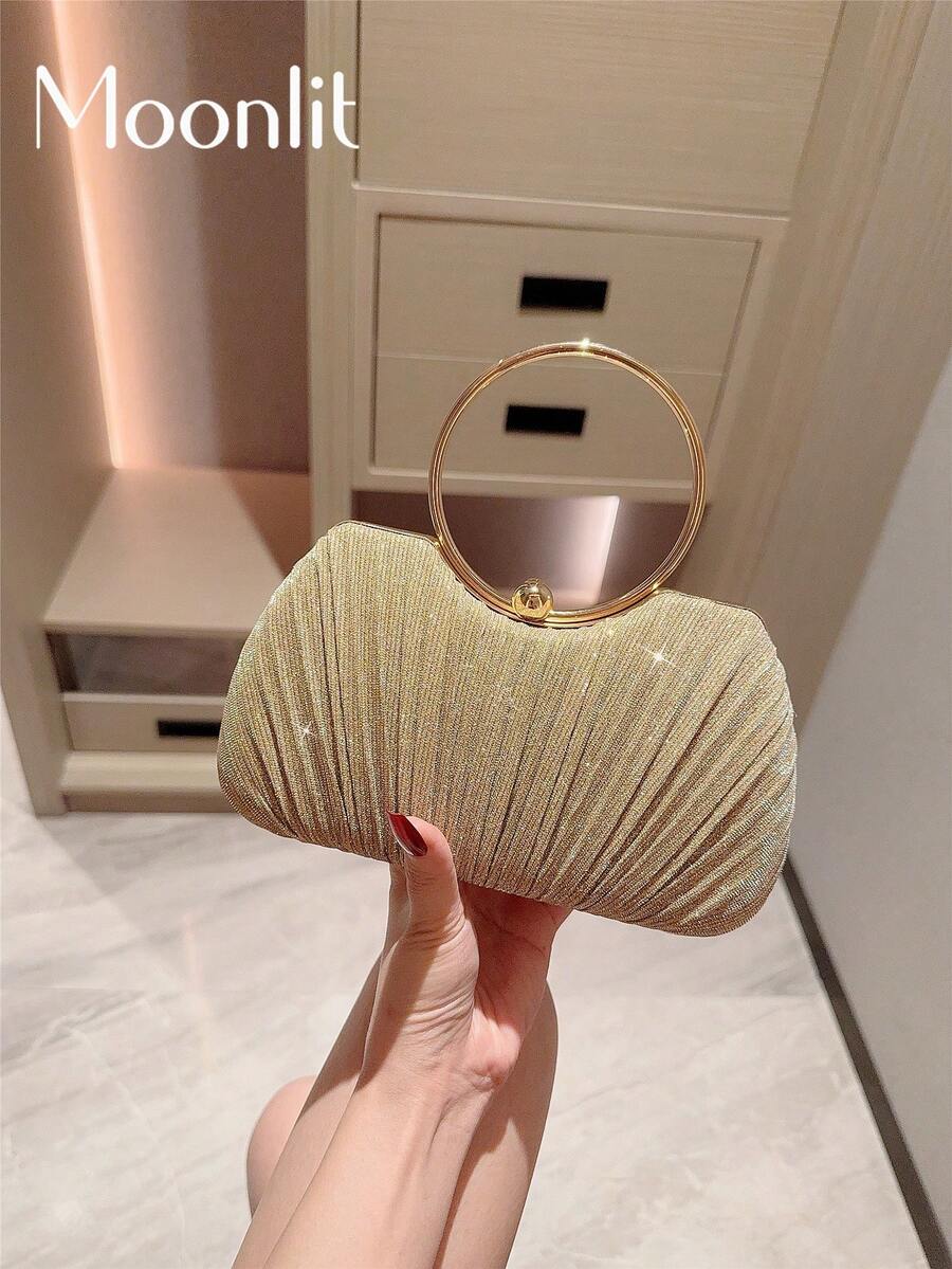 1件裝女款優雅百褶方型手拿包,奢華亮面腕帶手提包,迷人精緻晚宴包,正式派對包,適合情人節約會、舞會、生日派對、晚間聚會及其他場合 - 金色 - 查看 1