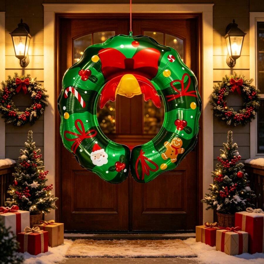 1pc Christmas Bell Wreath Aluminum Foil Balloon, Extra Large Red Bow, Santa Claus Head, Gingerbread Man, Candy Cane, Red Berries, Small Gold Ball Print Pattern, Suitable For Christmas Party Decoration Atmosphere Props - View 1
