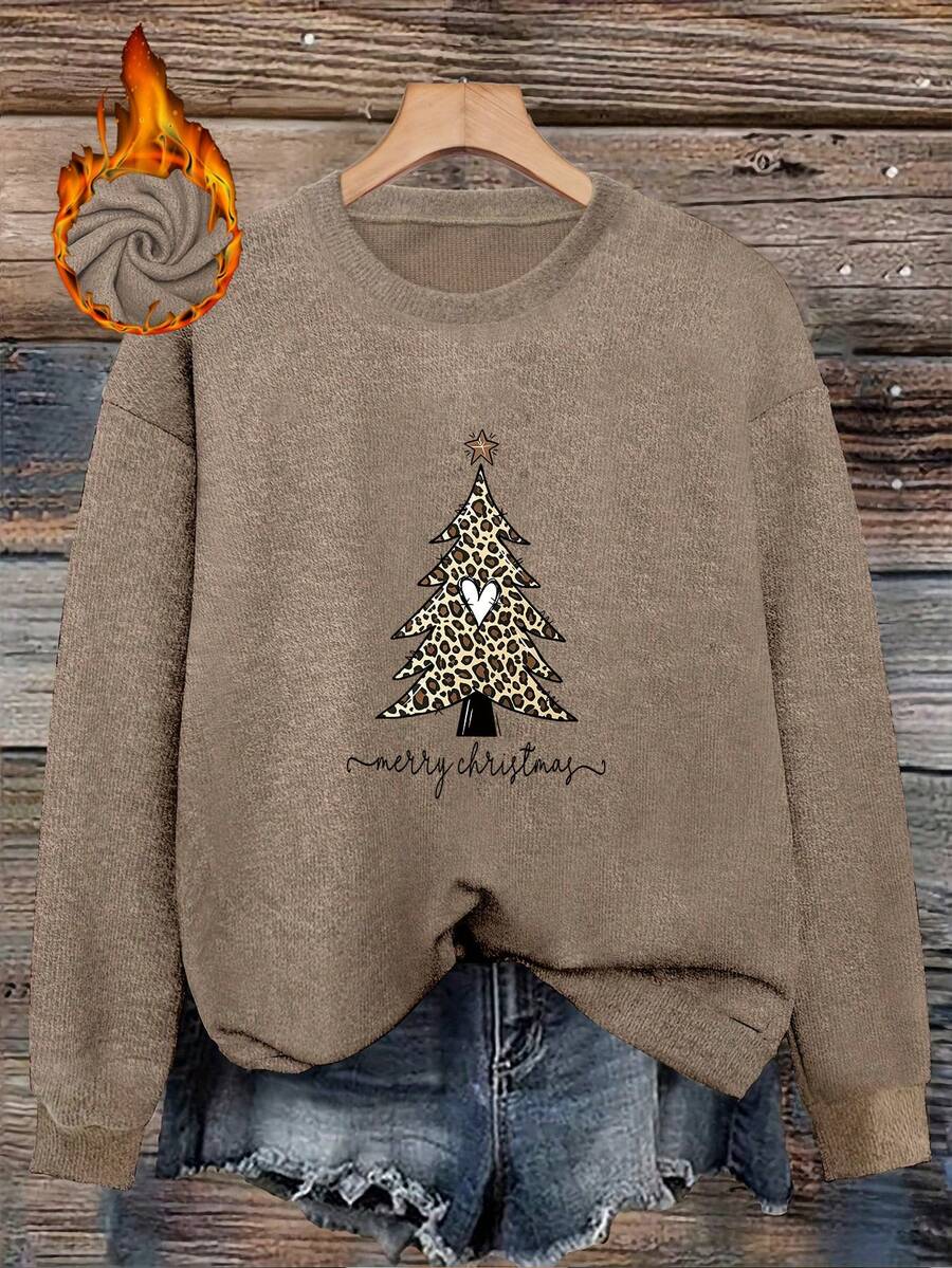 Women's Vintage Christmas Tree Print Long-Sleeve Crew-Neck Sweater With Leopard Print Trim – Christmas Winter Top - Earth Gray - View 1