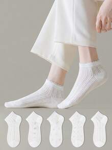 ZUJO 5 Pairs White Women's Bow Ruffle Short Socks, Cute Bow Pattern, Breathable And Comfortable, Suitable For Spring, Summer And Autumn, Random Color - White - View 2
