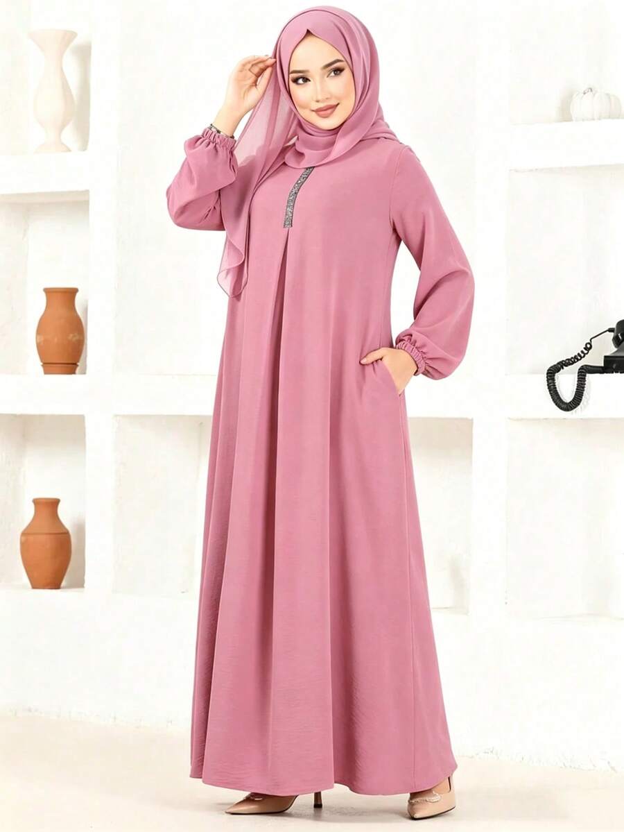 Women's Fashion Round Neck Solid Color Loose Long Robe Dignified Long Sleeve Dress Pink Fall - Pink - View 1