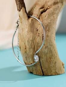 Women's Oval Zirconia Curved Tube Bracelet - Silver - View 2