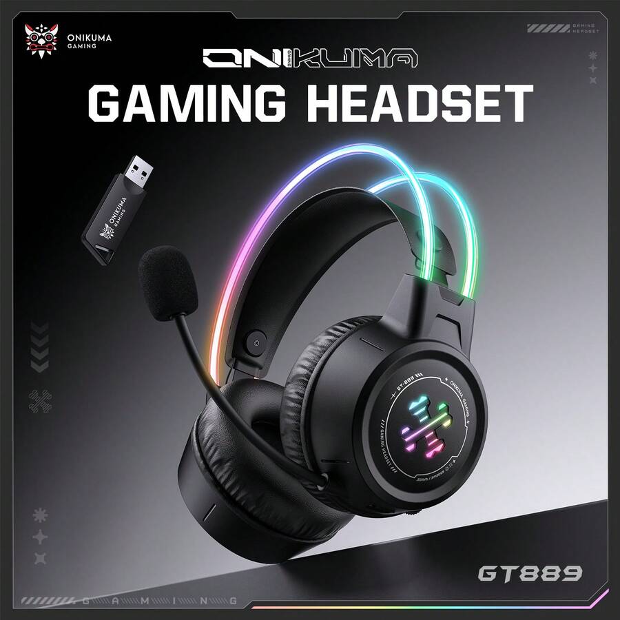 ONIKUMA Headset Gaming BZUMK RGB Lighting, Headphone Gaming Nirkabel Latensi Rendah dengan Mikrofon Jernih yang Dapat Diatur, Bantalan Telinga yang Bernapas, Kompatibel dengan Berbagai Perangkat, Penting untuk Bermain Game dan Hiburan - View 1