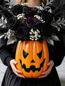 1pc Halloween Gothic Pumpkin Decorative Vase, Scary Face Design Flower Stand, Multi-Functional Desktop Container, Suitable For Vanity And Desktop Decor - Pumpkin - View 2