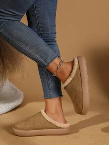 PWIIMG Women's Thick Sole Closed Toe Fuzzy Slippers, Fuzzy Lining Backless Slippers, Autumn Home Fuzzy Slippers Beach Fuzzy Lining Fine Fleece Home - Khaki - View 4
