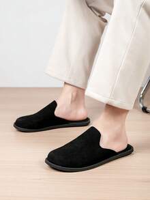 Men's Plus Size Suede Half-Slip-On Slippers, Minimalist Backless Design, Easy On/Off, Soft Upper, Snug Fit - Black - View 3