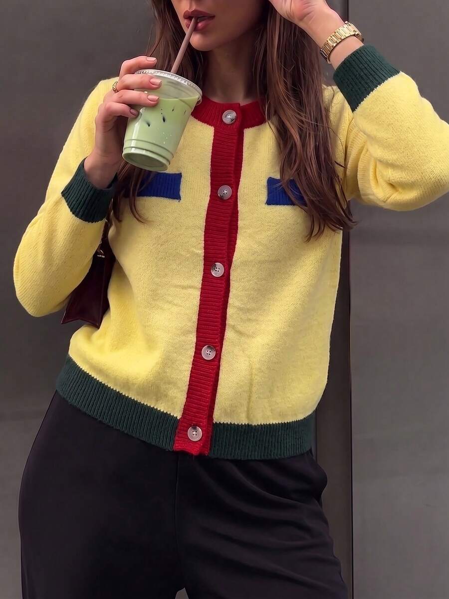 Women's Colorblock Knit Cardigan, Autumn/Winter Long Sleeve Round Neck Button-Up Sweater Top, Medium Stretch Knitwear - Yellow - View 1