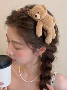1pc Cartoon Checkered Plush T Bear Hairband, Versatile For All Occasions, Hair Tie To Hold Back Messy Hair, Wide-Edge Headband, Hair Accessory. - Multicolor - View 5