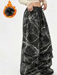 Marble Print Fleece Lined Wide Leg Cargo Pants, Drawstring Elastic Waist Loose Streetwear Long Pants - Black - View 1