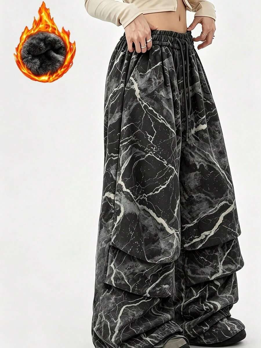 Marble Print Fleece Lined Wide Leg Cargo Pants, Drawstring Elastic Waist Loose Streetwear Long Pants - Black - View 1