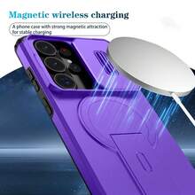 可折疊支架手機殼，附可滑動相機蓋，相容 Galaxy S26Ultra S25Ultra S24Ultra S23Ultra S22Ultra /A17/A26/A36/A55/A37/A57/A56/A16，相容 S24/S24 FE/S25/S25/S25 FE S26 FE 與 8 9 10 A PRO，磨砂質感防震保護手機殼，滑蓋手機殼，時尚手機殼，手機配件，夏季禮物 - 紫色 - 查看 3