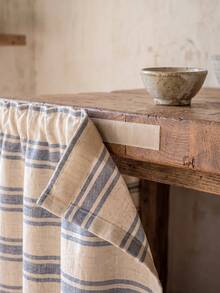 1/2pcs Beige & Blue Horizontal Striped Sink Skirt, Rustic Country Style Fabric Material, Rectangular Top With Pleated Detail And Bottom Ruffle Hem, Concealing Storage And Decorative Function, Kitchen Sink Curtain Suitable For Kitchen Sink Concealment And Natural Country Home Decor Scenes - Blue - View 10