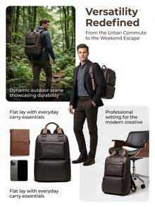 NEWHEY Men's Soft PU Leather Laptop Backpack, Multi-Compartment Design, Fits 15.6 Inch Laptop, Lightweight Multi-Pocket Large Capacity Daily Backpack, Suitable For Travel, Office, Campus, Hiking, Men's Preferred Birthday And Holiday Gift - Multicolor - View 8