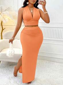 BIUBIU Elegant Halter Tie-Back Ruched Two Pieces Set For Women Bodycon Midi Skirt With Slit And Matching Crop Top, Perfect For Parties,Fall Outfit For Women - Orange - View 3