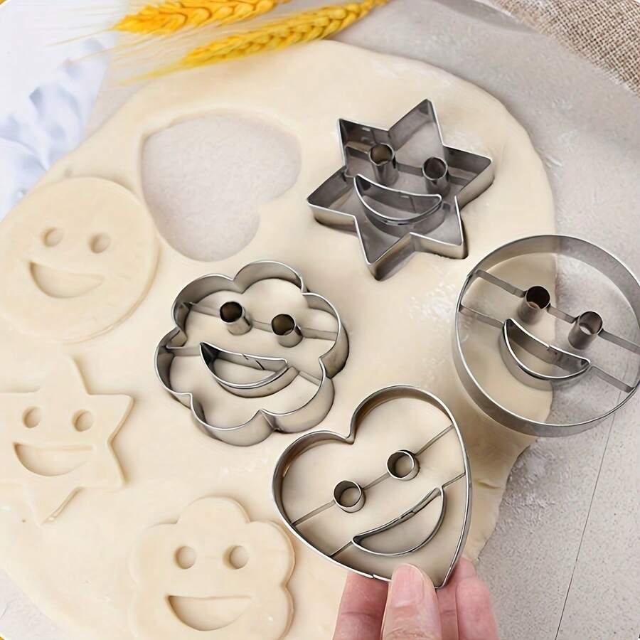 4Pcs Smiling Face Cookie Cutters Set, Stainless Steel Heart Star Flower Round Biscuit Molds, DIY Pastry Fondant Dough Baking Tools For Kitchen