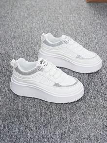 Women's Shiny Silver Decor Lace-Up White Thick Sole Platform Sneakers, Suitable For Daily Wear - Silver - View 4