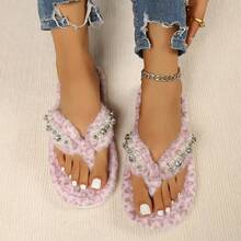 Pink Leopard Print Fuzzy Flip Flops For Women With Pearl And Rhinestone Decor, Comfortable Flat Fur Slippers For Indoor And Outdoor Wear - Pink - View 5