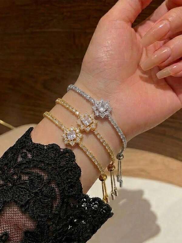 Vòng tay nữ cao cấp đính đá Cubic Zirconia hình vuông ngôi sao, vòng tay kéo trượt điều chỉnh được đính đá rhinestone lấp lánh, trang sức phong cách thanh lịch làm quà tặng hẹn hò và tiệc tùng