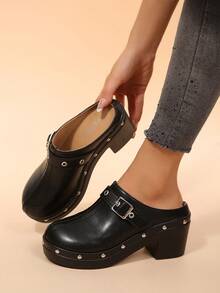 Solid Color Rivet Thick Sole Mule Slippers Women's Minimalist Closed Toe Backless Casual Slouchy Half-Sling High Heel Pumps - Black - View 4