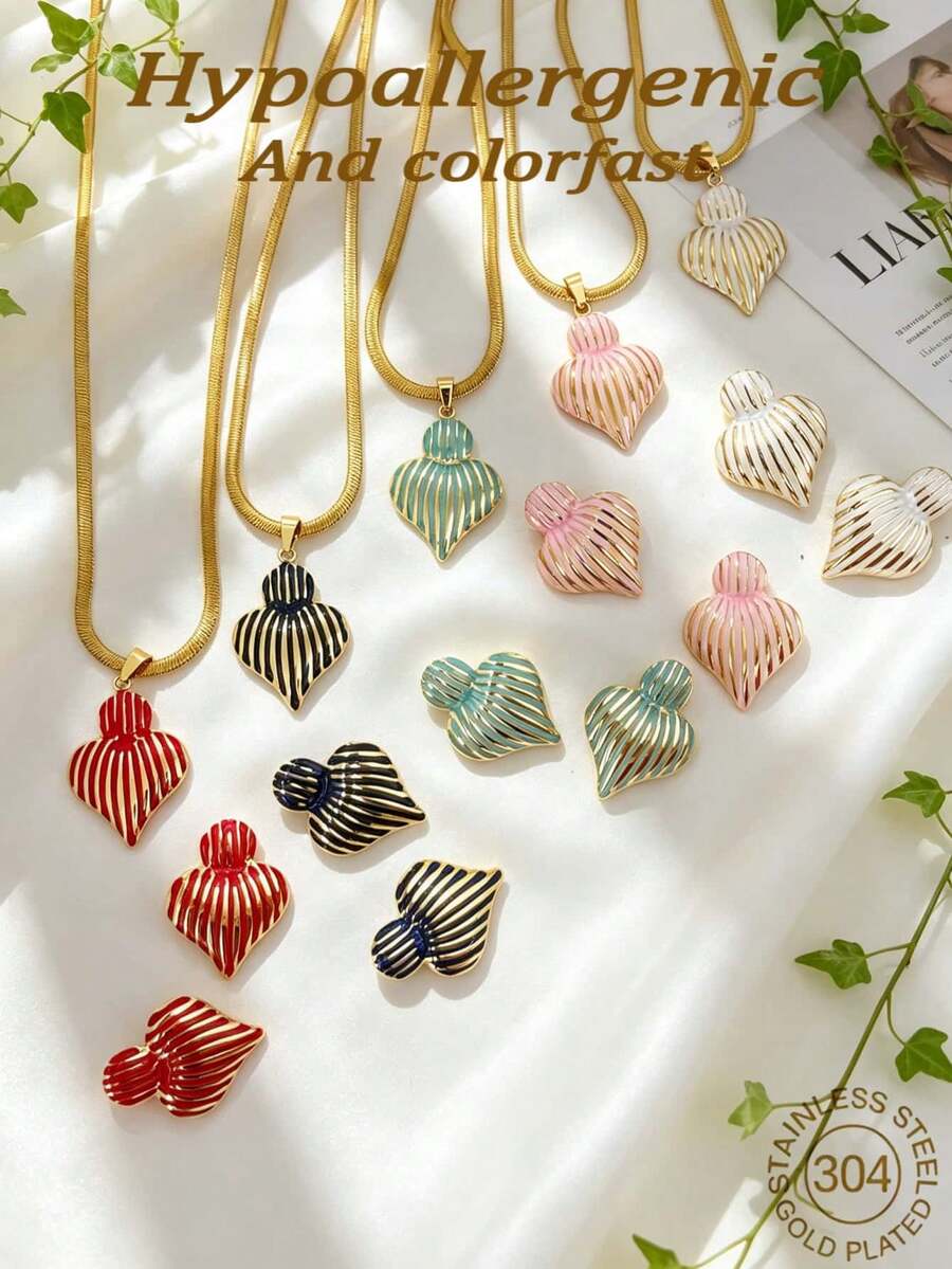 304 Stainless Steel Striped Oil Drop Double Heart Pendant Snake Chain Necklace, Hypoallergenic Non-Fading Vintage Women's Daily Beach Accessory, Valentine's Day Gift. - Multicolor - View 1