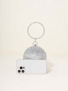 Luxury Glitter Round Evening Clutch Round Hard Frame Bag Rhinestone Ring Handle Fashionable Women's Handbag Suitable For Weddings And Evening Events - Silver - View 6